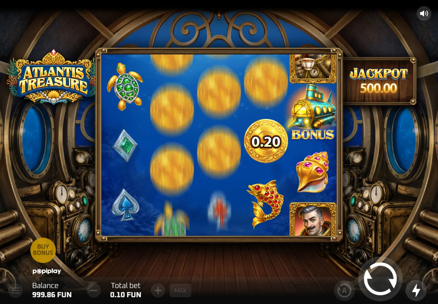 Atlantis Treasure reels with coin values and Bonus submarine symbol