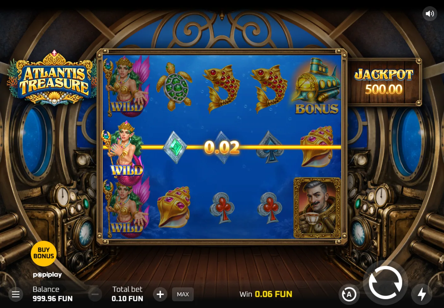 Atlantis Treasure Wild mermaid completing a highlighted payline