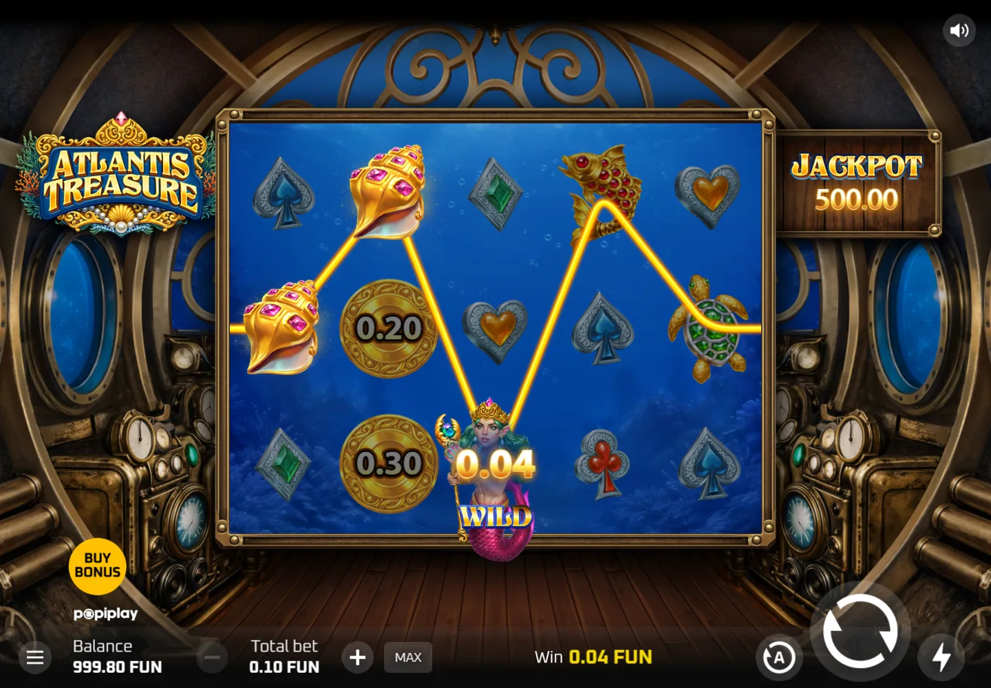 Atlantis Treasure Wild symbol with coin values on winning paylines